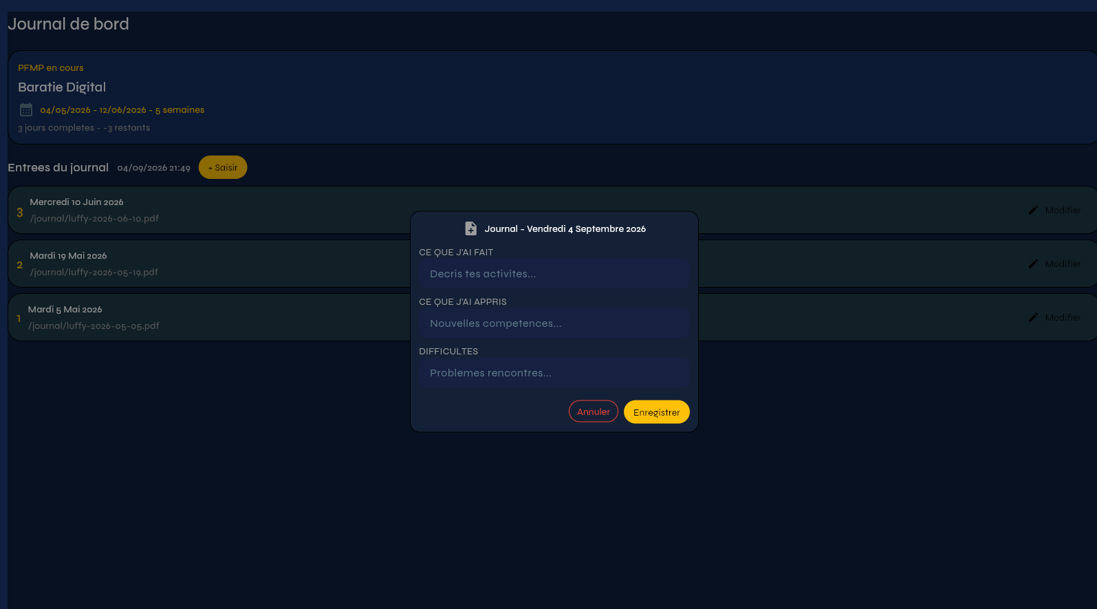 PFMP Manager — Creating a Log Entry